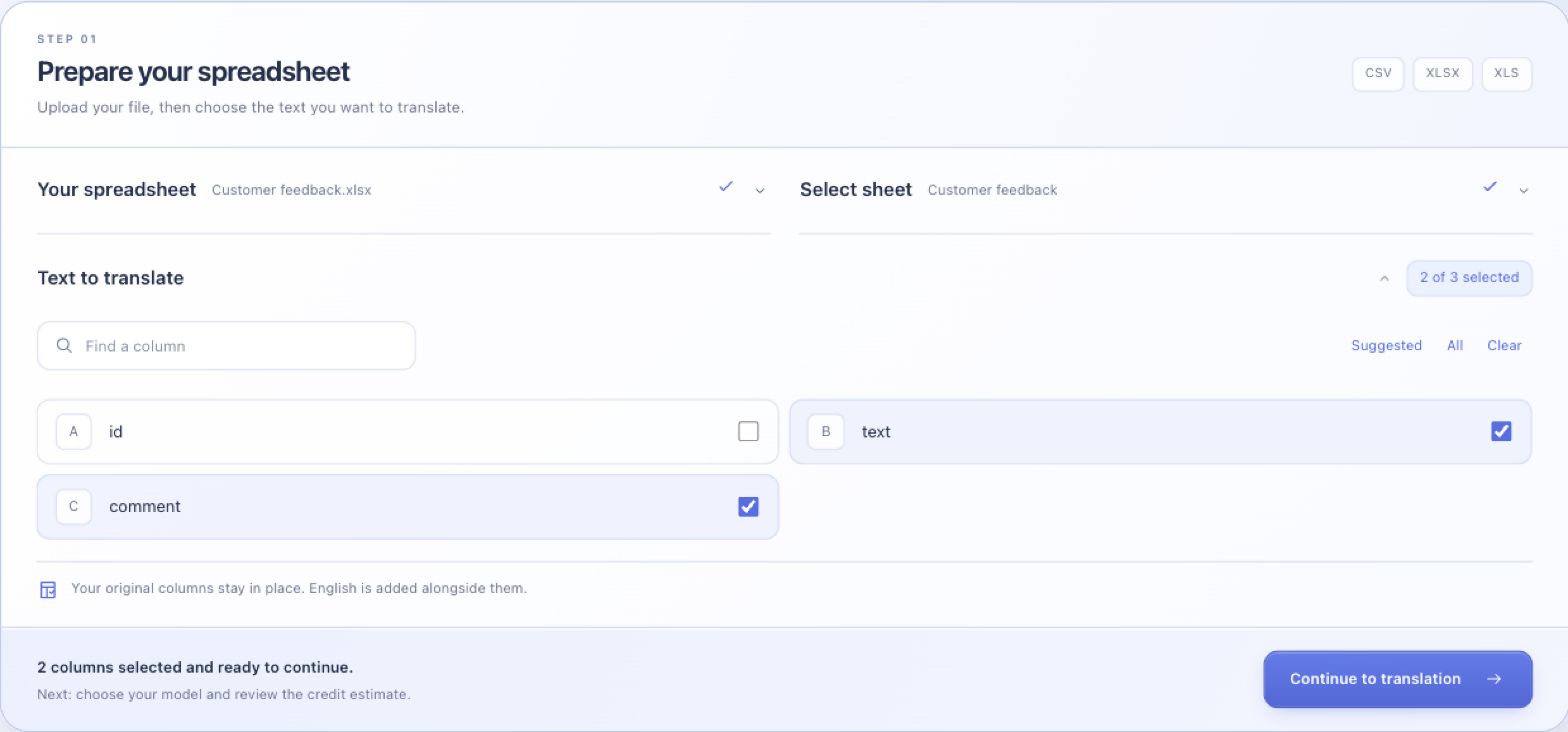 Choose the text columns to translate