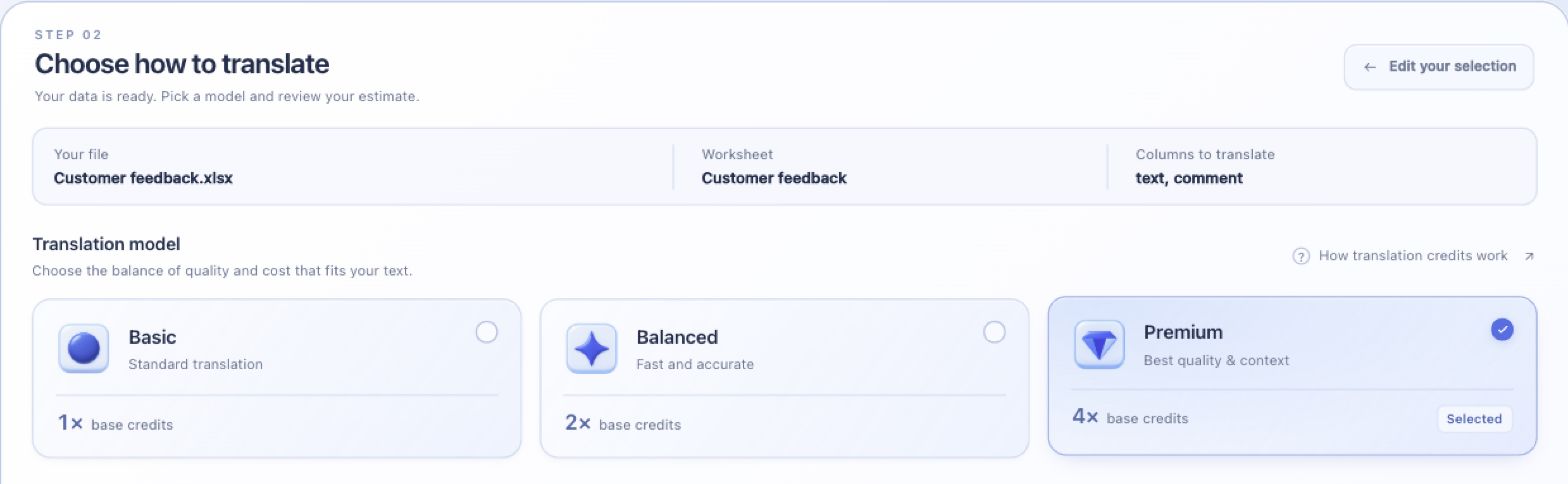 Choose a Basic, Balanced, or Premium translation model