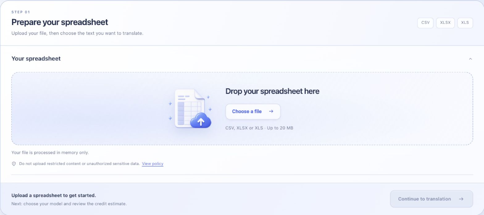 Upload a spreadsheet in the Bulk Translate workspace